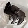 Botas de montaria femininas de couro macio com cadarço vintage, botas de corte justo, estilo coreano, salto grosso, bico redondo, cano largo, botas longas que afinam