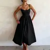 Vestido de verano transfronterizo europeo y americano para mujer, elegante vestido de tirantes con cintura ceñida, plisado, color liso, dobladillo amplio, personalizable para comercio exterior