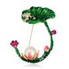 Broche de perla con forma de hoja de loto y rana de estanque estilo étnico para mujer, temperamento, estilo nacional, pin de planta verde