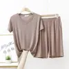 Traje de dos piezas para mujer, verano 2023, nuevo, modal, talla grande, cuello en V, fino, para casa, ropa exterior, casual, color liso