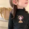 Ropa interior térmica para niñas con borde de hongo negro, ropa de otoño e invierno, camiseta de manga larga con medio cuello alto de forro polar, top cepillado para niños, versátil