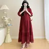 Ropa de Maternidad 2025 Nuevo Diseño de Verano Elegante Cuello Alto Mangas de Linterna Encaje Empalmado Vestido de Dobladillo Amplio