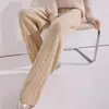Pantalones de punto de lana pura de pierna ancha con jacquard de espiga hilo dorado y plateado cintura alta para mujer, pantalones rectos casuales holgados, pantalones largos estilo otoño e invierno