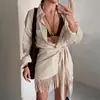 Camisa Casual Holgada con Cuello y Bolsillos, Falda Wrap de Atar con Flecos, Conjunto de Dos Piezas de Camisa Rayada y Falda Estilo Commuter