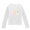 Camiseta blanca de manga larga con cuello en U para mujer, nuevo estampado de dibujos animados de primavera y otoño, top versátil juvenil y ajustado