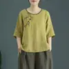 Camiseta de Algodón Lino Étnica con Bordado Floral Retro Artístico, Cuello Redondo, Manga Corta, Nueva de Verano, Talla Grande, Holgada, Versátil