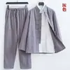 Traje Tang Primavera e Verão Masculino Estilo Chinês Algodão e Linho terno Roupas Chinesas Manga Longa Três Peças Roupas de Linho Moda Nacional Roupas de Chá