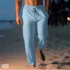 Pantalones de Lino para Hombre Pantalones de Verano Pantalones de Playa Cordón Cintura Elástica Rectos Planos Cómodos Transpirables Casuales Diarios