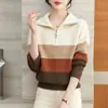 Suéter de punto con cuello solapa y media cremallera, bloques de color y rayas para mujer, estilo perezoso de primavera y otoño, jersey con base de punto, venta al por mayor transfronteriza