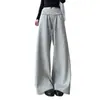 Calça de moletom cinza outonal folgada de perna larga para mulheres, cintura alta com cordão, calça longa casual com caimento macio, design reto que afina