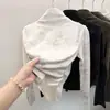 Elegante capa base de terciopelo con pliegues, corte ajustado y teñido tie-dye para mujer, con cuello semi alto, perfecta para otoño e invierno, una camiseta de manga larga de corte ajustado