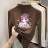 Y2373# Camiseta Infantil de Fleece Manga Longa Camiseta Grossa Infantil para Meninas Camiseta Básica com Gola Meia Alta Top