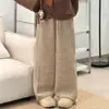 Calça Larga de Lã de Cordeiro Cinza Escuro de Alta Qualidade para Mulheres, Outono/Inverno 2025, Cintura Alta, Calça de Moletom Reta de Lã Teddy Relaxada