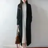 Cardigã de malha de lã pura sem botões extra longo feminino, novo estilo outono e inverno, casaco casual elegante com mangas compridas e bolsos