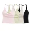 26005-26 Regata de Yoga de Verão com Bojos, Estilo Camisola para Usar por Cima, Decote em V, Tecido Liso, Estilo Básico, Alças Cruzadas nas Costas, Costas Abertas, Camisola Regata