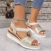 Sandalias de cuña para mujer de talla grande, modelo nuevo 2025, para comercio exterior transfronterizo, con hebilla metálica, cuña de cuerda de cáñamo, suela ligera, suela gruesa, sandalias de punta abierta