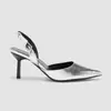 Tacones Altos Metálicos Plateados para Mujer con Punta Fina y Tira en el Talón - Tacón de Aguja, Adecuados para Fiestas, Bodas