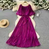 Vestido plisado estilo francés para mujer con lazo, tirantes descubiertos, ceñido a la cintura y falda larga plisada elegante
