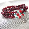 Pulsera de tres anillos de imitación de granate de 6 mm, joyería multicapa para mujer, pulsera de elefante de plata Miao color vino tinto, suministro directo de fábrica