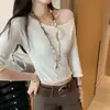 Camiseta de punto negra de tres cuartos sin hombros para mujer, estilo suave, sin hombros, corte ajustado, top básico versátil