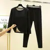 Conjunto de ropa interior térmica con almohadilla para el pecho de terciopelo alemán para mujer, otoño e invierno, pantalones de otoño con forro polar, color liso holgado, talla grande, conjunto de dos piezas