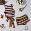 33115 Conjunto de top sexy a rayas con espalda descubierta y amarre y shorts para mujer, nuevo estilo europeo y americano transfronterizo, ajuste ceñido