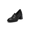 Mocasines de Moda y Prácticos para Commuter con Hebilla Metálica de Piel de Vacuno de Primera Capa Otoño 2025 Tacón Alto Grueso Punta Redonda Cuero Genuino Escote Profundo Zapatos Individuales