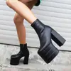 Tamanho 35-46 Botas Martin Femininas Outono e Inverno Europeias e Americanas em Couro Envernizado com Bico Redondo, Plataforma Impermeável, Salto Quadrado, Zíper Lateral, Botas Pretas de Cano Curto
