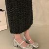 Zapatos de Salón Individuales de Tacón Grueso y Punta Cuadrada con Pedrería Estilo Francés, Zapatos de Hada, Nuevo Modelo Primavera 2026, Tacones Altos Mary Jane Plateados Elegantes