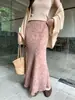 Falda Larga Asimétrica Elástica con Estampado Vintage Elegante, Drapeada, Cola de Pescado, Versátil 85495