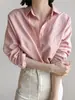 Camisa rosa de linho de manga comprida, simples e versátil, estilo coreano, leve, de corte solto, de algodão e linho, para o trabalho, top elegante