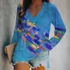 Camiseta de manga larga con cuello en V para mujer, transfronteriza, con patrones de conchas y nubes, impresión digital 3D personalizada al por mayor