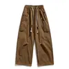 Calças de trabalho americanas casuais estilosas de algodão puro para homens, perna reta, soltas, com cordão, versáteis, perna larga, calças curvas, da moda, para primavera e outono