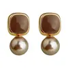 Pendientes Cuadrados Geométricos de Esmalte Vintage con Goteo de Vidriado y Perlas, Pendientes de Moda Retro Artística de Gama Alta