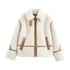 Roupas Femininas Transfronteiriças Europeias e Americanas Estilo Retrô Jaqueta de Caxemira Bainha de Cor Contrastante Design com Zíper Jaqueta Novo Estilo Outono e Inverno 2025