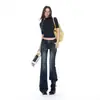 Jeans de Micro Campana Lavados con Patrón de Rayos de Arreglo Floral Naranja Joven para Mujer Cintura Media-Baja Adelgazantes de Moda Versátiles Pantalones de Campana con Remaches