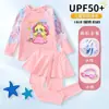 Biquíni Princesa Rosata Conjunto de Duas Peças para Meninas Roupa de Banho de Verão Infantil com Proteção Solar Manga Longa Secagem Rápida