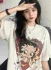 Garota cheinha Estilo Americano Retrô Cor de Aveia Camiseta de Manga Curta Feminina Verão Solta Versátil Chique Estilo de Hong Kong tamanho plus Top para Estudantes