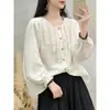 Camisa de Manga Larga de Gasa de Algodón con Volantes y Parches Estilo Coreano Otoño Nuevo para Mujer Color Sólido Holgada Versátil Delgado