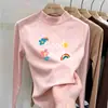 Nova coleção outono e inverno: Camada base feminina de fleece, escovada, com gola alta parcial, camiseta infantil de manga comprida, top interno estiloso, estilo ins moderno