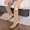 Botas de Media Altura con Tacón Grueso, Puntera Cuadrada, Gamuza, Forro de Felpa, para Otoño e Invierno 2025, Botas Vaqueras de Pelo para Mujer, Botas Versátiles