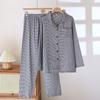 Pijama de Gasa de Algodón para Mujer, Primavera y Otoño, Delgado, Transpirable, Absorbente de Sudor, Cuello Camisero, Patrón de Cuadros Pequeños, Conjunto Sencillo de Manga Larga para Casa, Se Puede Usar Afuera