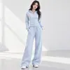 Conjunto de moletom com calça para mulheres, adequado para primavera, outono e inverno, com design de zíper e capuz, estilo solto e casual, e calça de perna larga, um conjunto de duas peças
