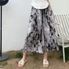 Pantalones de Algodón Florales Retro de Moda con Bolsillo Pantalones de Ocho Puntos Verano de Algodón Transpirables de Pierna Ancha Moda Pantalones de Talla Grande Versátiles