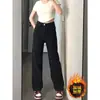 Jeans de Veludo Preto Plus Size para Mulheres Outono e Inverno 2025 Gordinhas mm Soltos Efeito Emagrecedor Cintura Alta Reta Perna Larga Calças Wide Leg que Arrastam no Chão