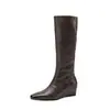 Botas de cuña de piel de vaca de primera capa para mujer, botas altas hasta la rodilla, nuevo estilo de invierno, botas de montar de piel auténtica con puntera cuadrada y tacón medio sin cordones, botas altas para mujer
