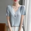 Nuevo Estilo Primavera-Verano 2025 Transfronterizo Punto Cuello en V Abalorio Curvo Camiseta Manga Corta Botón de Color Color Puro Rayado Suelto Camisa Básica