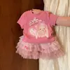 Conjunto Feminino 2026 Doce Primeiro Aniversário Princesa Conjunto Duas Peças Bebê Pequeno Top de Manga Curta e Vestido Saia Saia Fofa