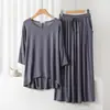 Conjunto de pijama modal feminino de verão fino solto com manga 3/4 casual plus size roupa externa conjunto de duas peças