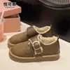 Couro Genuíno Solado Grosso Pelúcia Quente Sapatos de Algodão Mocassins Femininos 2026 Inverno Novo Cano Baixo Botas de Neve Solado Macio Sapatos Birkenstock